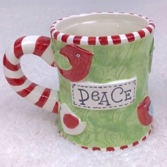 MudPie Candy Cane Christmas PEACE Bird Mug - Picture 2 of 9